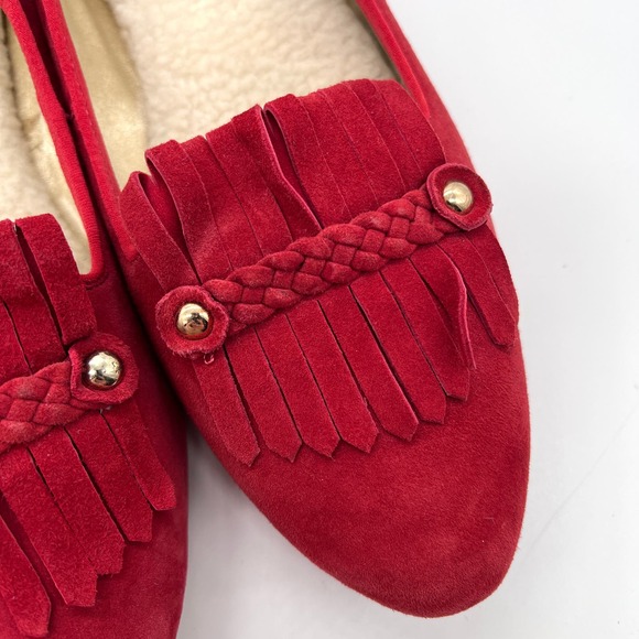 BIRDIES Red Cardinal Suede Flat Womens 9.5 Kiltie Fringe Faux Fur Lined Loafer - Picture 11 of 14